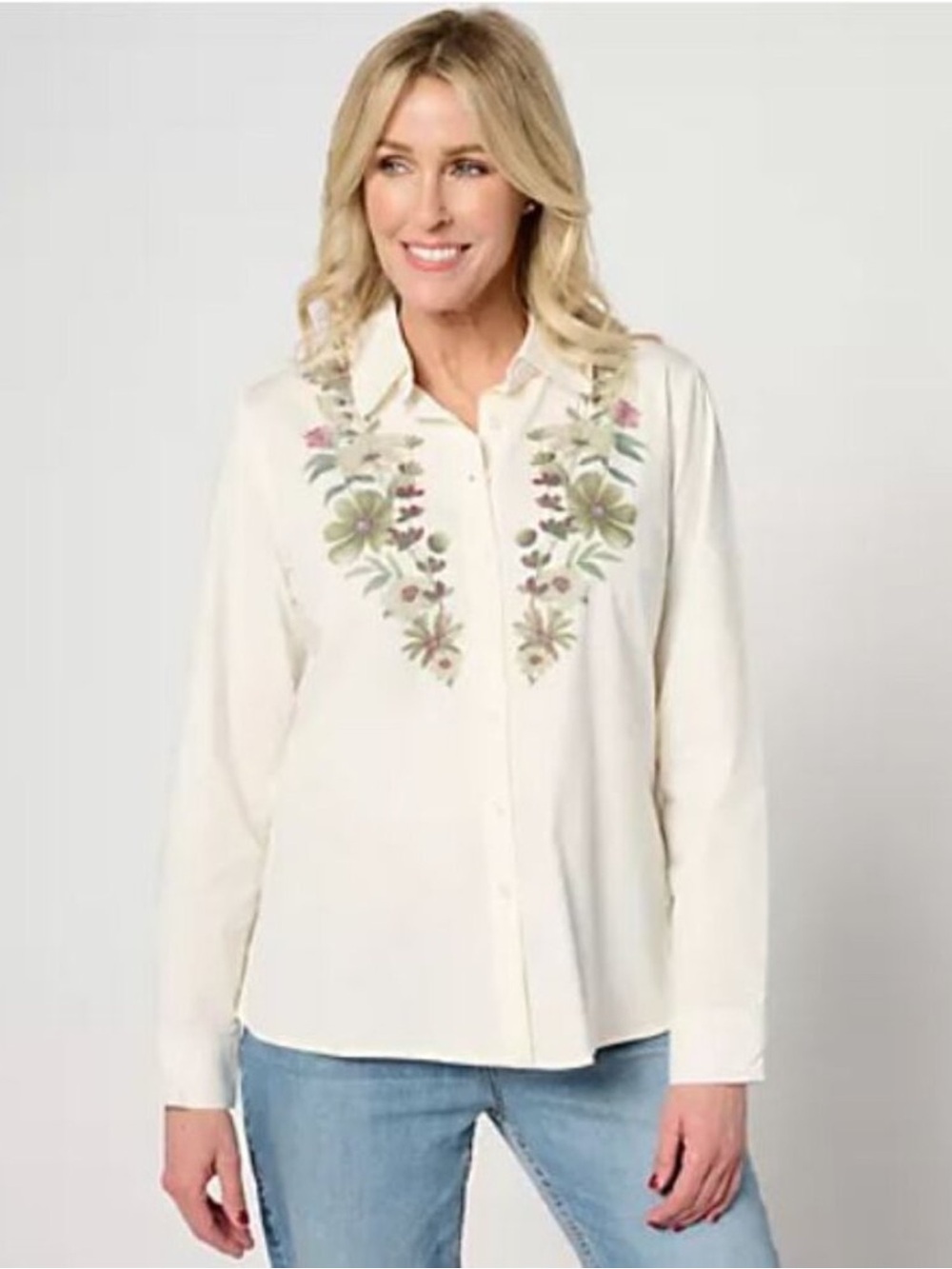 Denim & Co. Placed Floral Print Button-Front Shirt-Natural Ivory-Medium